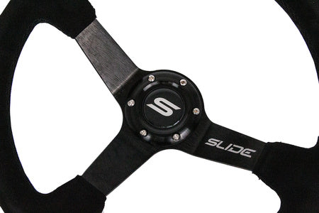 Steering wheel Slide 350mm offset:90mm suede yellow strip